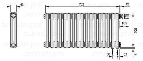 Схема (чертеж) Радиатор Zehnder Charleston 2050/17 №V002 Белый глянцевый RAL 9016
